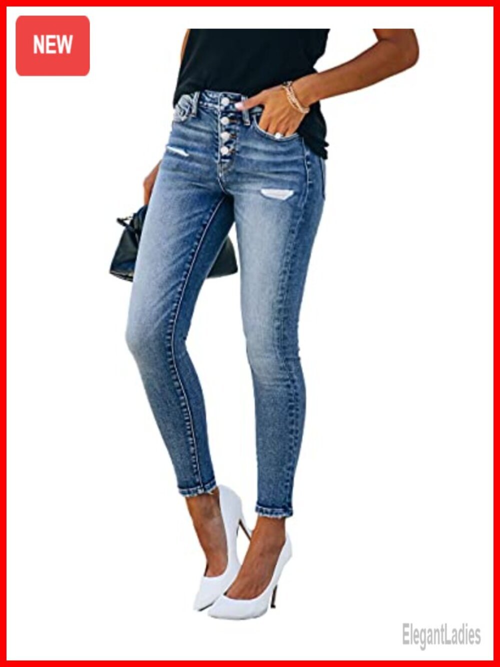 High Rise Skinny Stretch Button Ripped Jeans Distressed Denim Pants - Picture 3 of 7